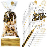 100 Pieces Happy New Year Cellophane Treat Bags, Black and Gold New Year Eve Party Plastic Candy Bags Goodies Favor Bags with 100 Gold Twist Ties for 2021 Christmas New Year Eve Party Supplies